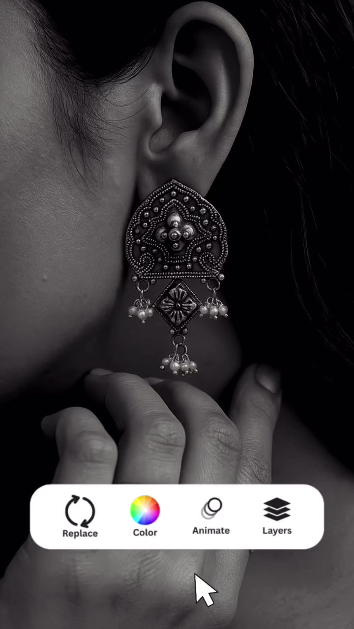 Artisan Hand-Etched Silver Shield Earrings with Pearl Bunches