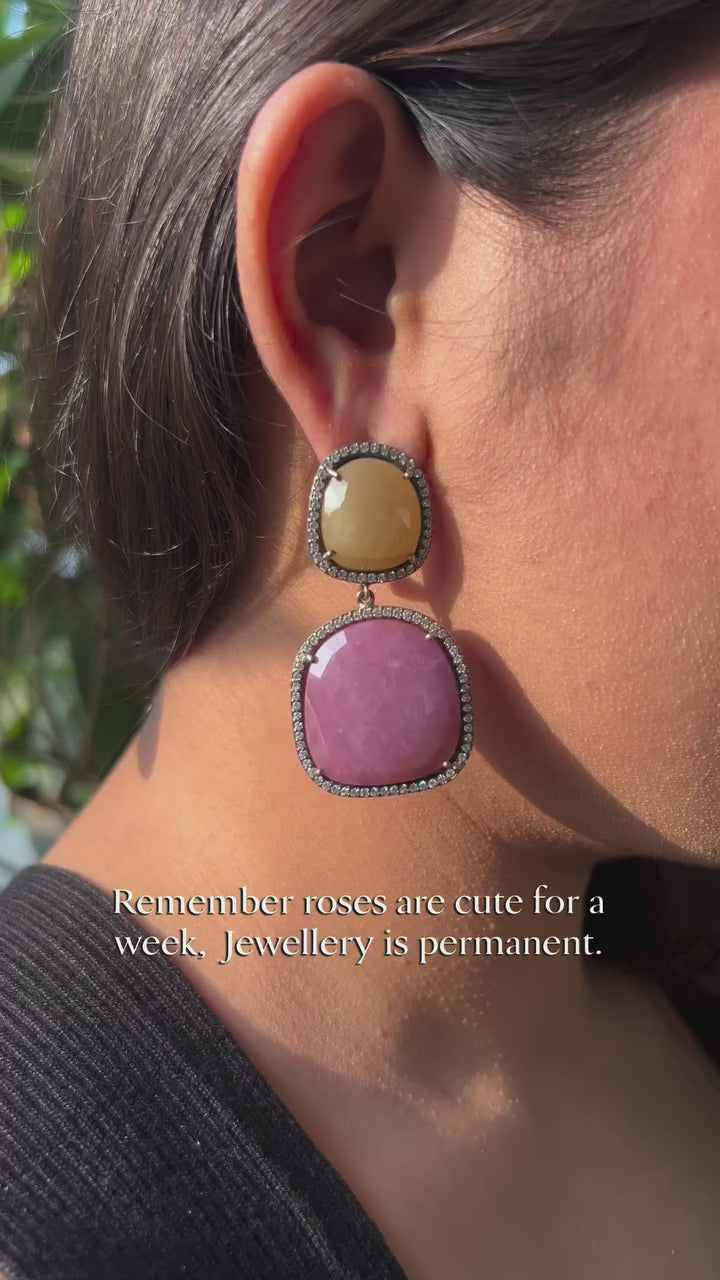 Pastel Dual Stone Drop Earrings with Crystal Halo Border