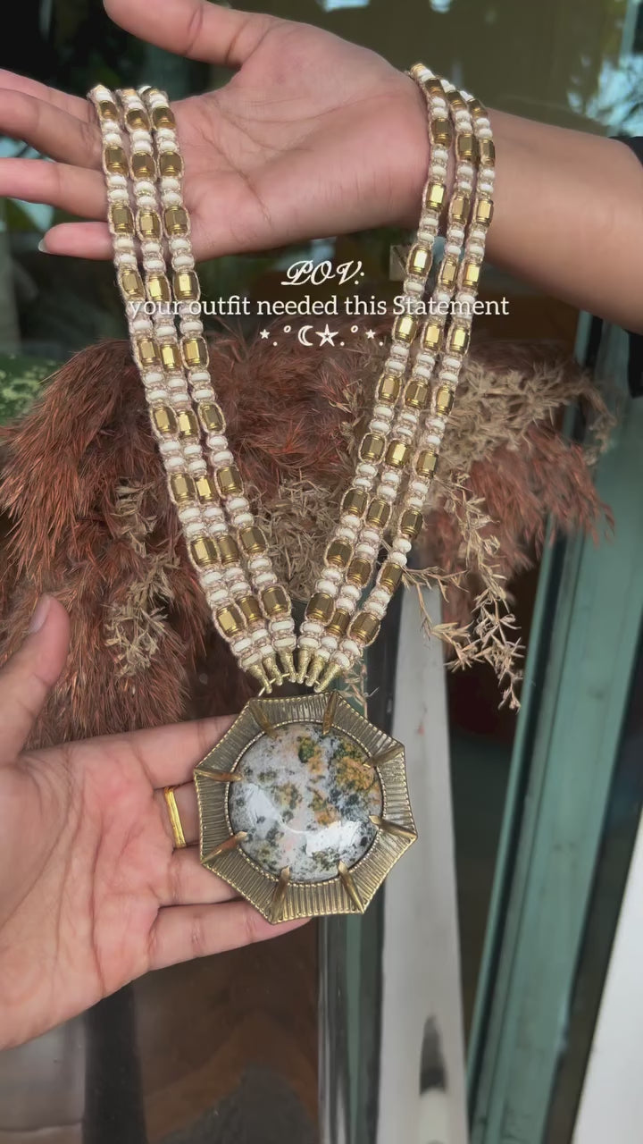 Bohemian Natural Stone Pendant Necklace with Beaded Strands